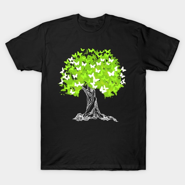 Tree With Green Butterflies T-Shirt by Aliaksandr